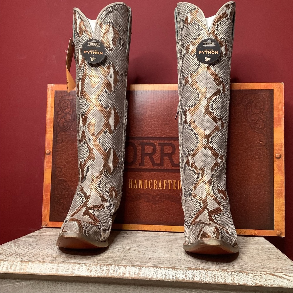 Corral Python Snake Skin Hand Painted Gold Accents Tall Top Western Boots 2”Heel - Picture 4 of 14